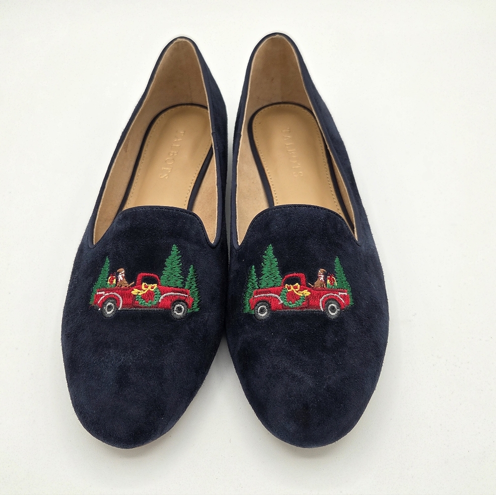 Talbots Ryan Loafer Christmas Holiday Truck Trees Dog Slip Ons Size 8 Blue - Picture 2 of 6